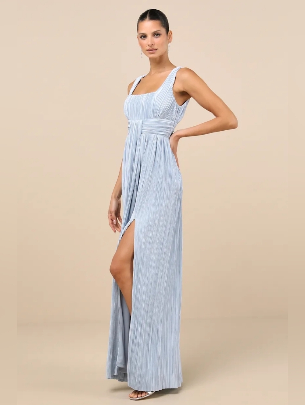 Lulus Ameena Light Blue Plisse Square Neck Sash Maxi Dress Wedding Party Prom - Picture 3 of 9